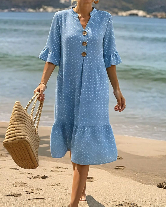 Kleid Polka Dot V-Ausschnitt Rüsche Ärmel