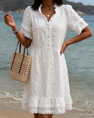 Kleid Stehkragen Halbe Knopfleiste Franse