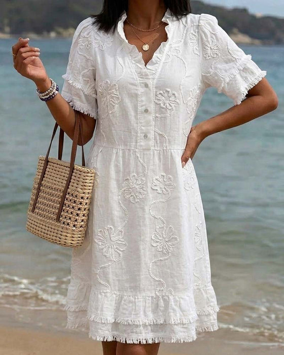 Kleid Stehkragen Halbe Knopfleiste Franse