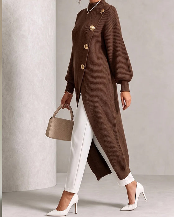 Sweater Dress Diagonaler Knopf Schlitz Laternenärmel