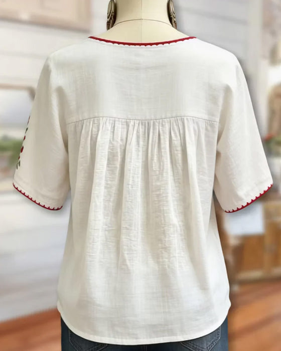 Bluse Rundhals Bestickt Bohemian