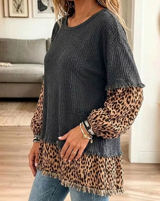 Top Rundhals Leopardenmuster Patchwork Fransen