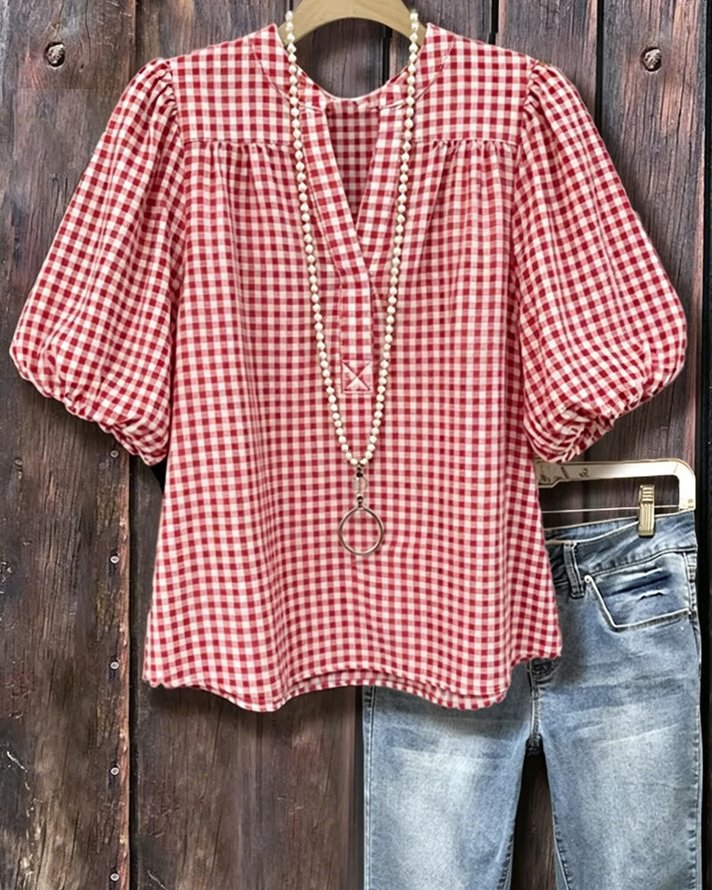 Bluse Karo Print Puffärmel Kurzarm