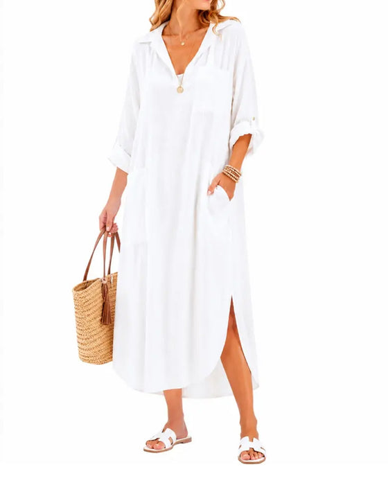 Kleid Revers V-Ausschnitt Tasche Schlitz