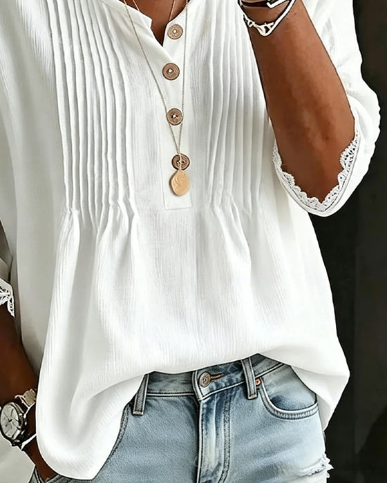 Bluse Plissiert Knopf Spitzenbesatz
