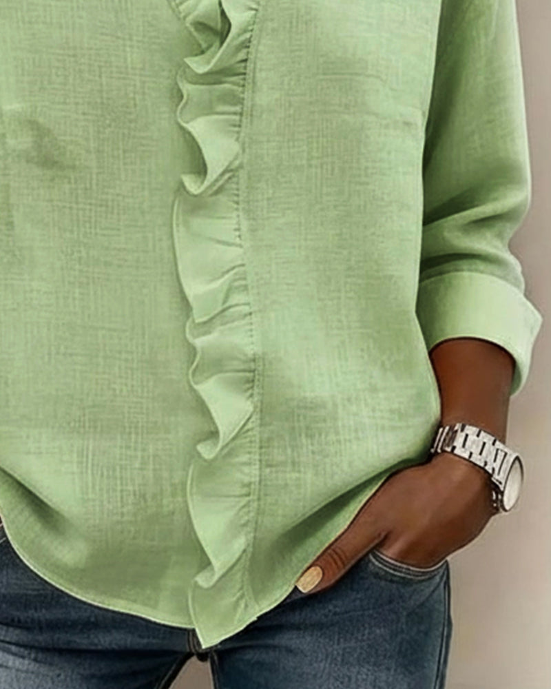 Bluse Rüsche V-Ausschnitt Langarm