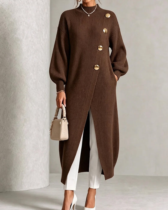 Sweater Dress Diagonaler Knopf Schlitz Laternenärmel