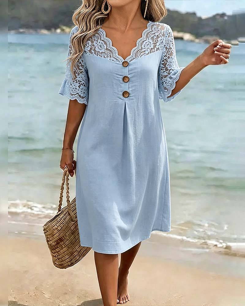 Kleid V-Ausschnitt Spitze Panel Kurzärmelig