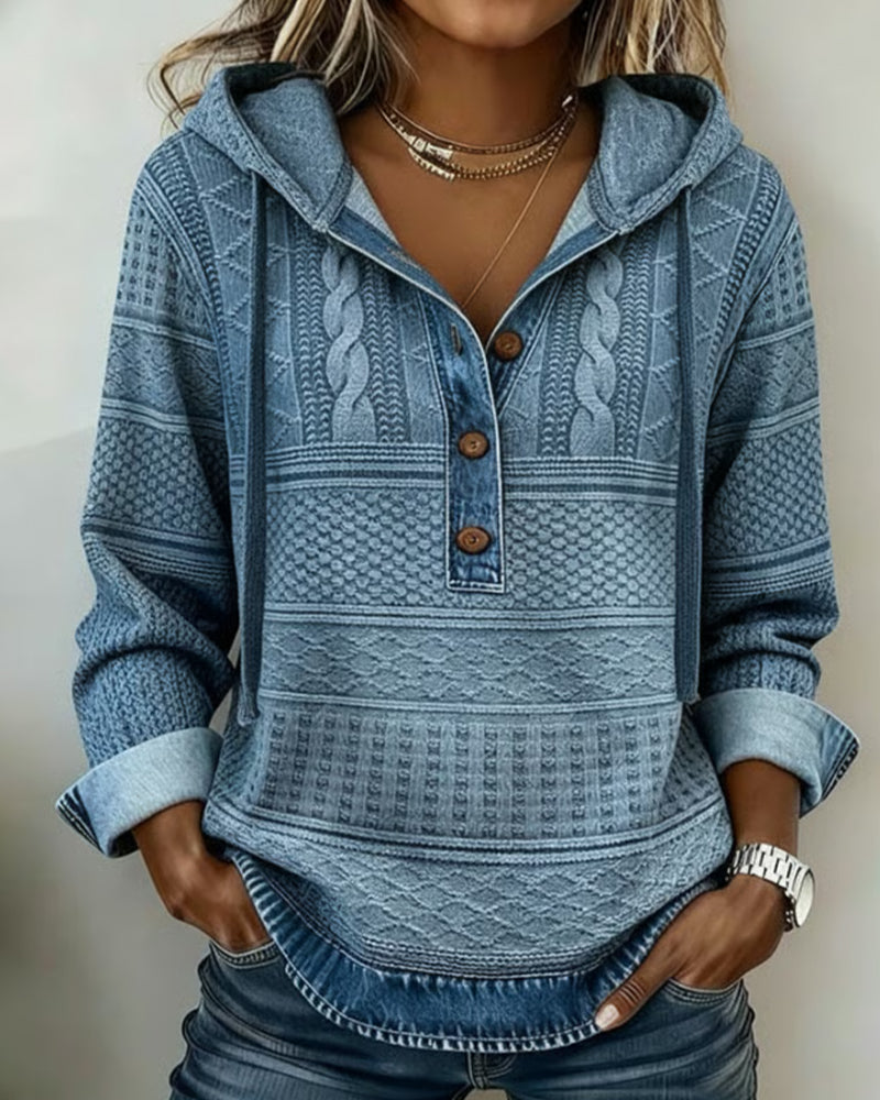 Hoodie aus Denim mit Zopfmuster und Patchwork-Details