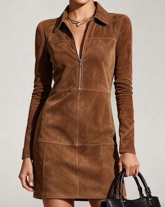 Kleid Revers Reißverschluss Langarm