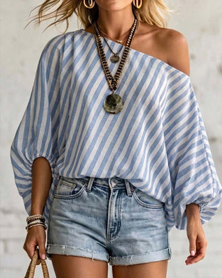 Bluse Asymmetrischer Ausschnitt Streifen Puffärmel