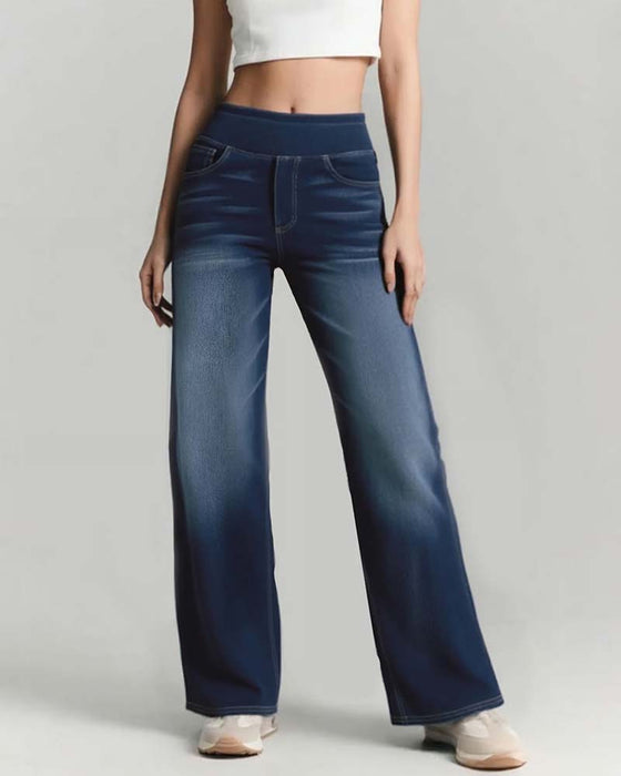 Hose Elastische Taille Denim Weites Bein