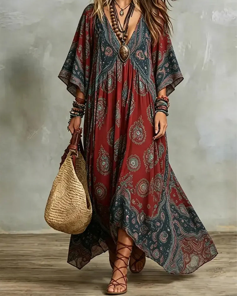 Kleid Vintage Boho V-Ausschnitt Bedruckt Maxi