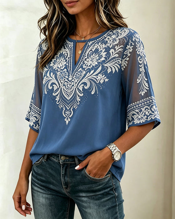 Bluse V-Ausschnitt Sheer Ethnisch Druck