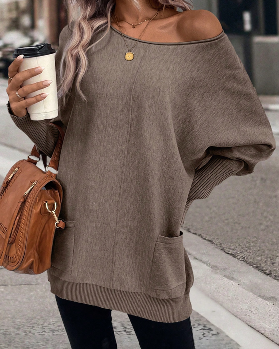 Pullover Mit Lose Passform, Fledermausarmen Und Taschen
