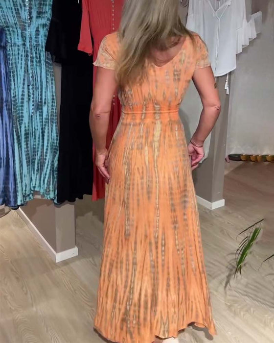 Kleid V-Ausschnitt Tie-Dye Kurzarm