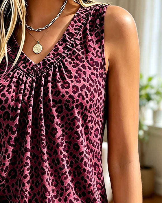 Tank Top V-Ausschnitt Leopard Gerafft