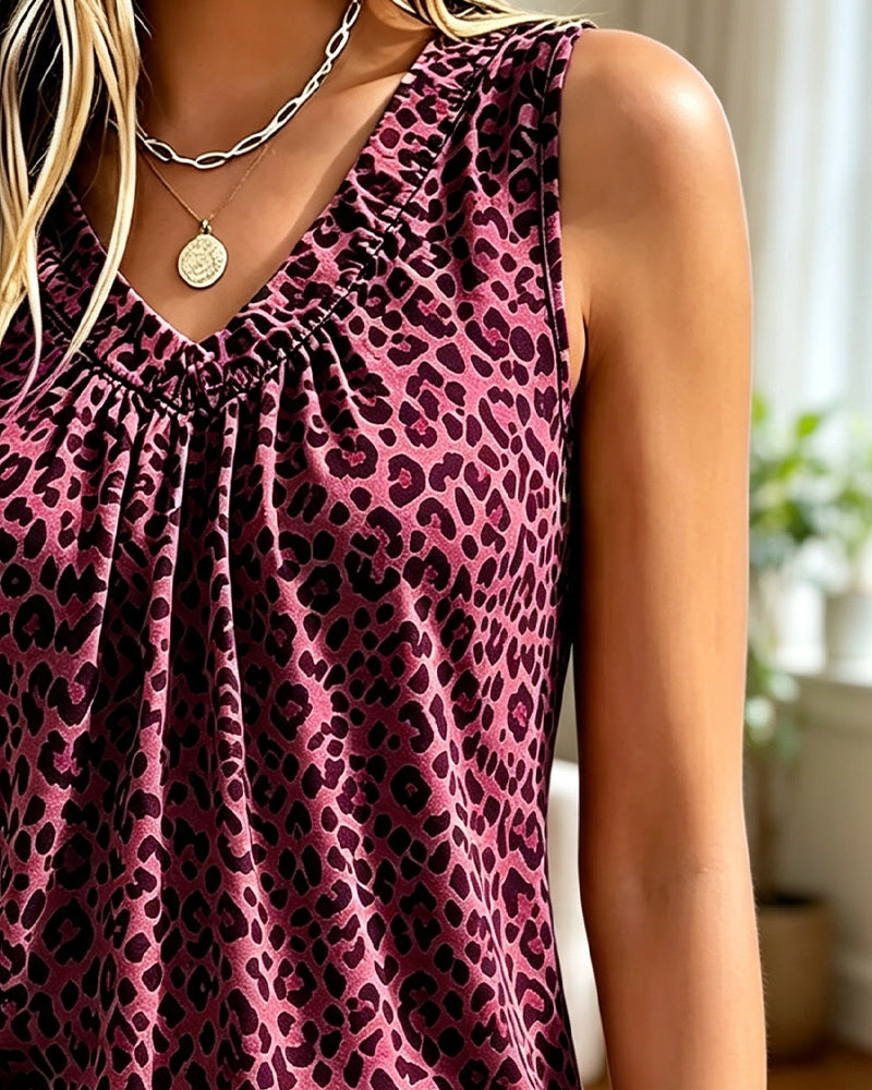 Tank Top V-Ausschnitt Leopard Gerafft