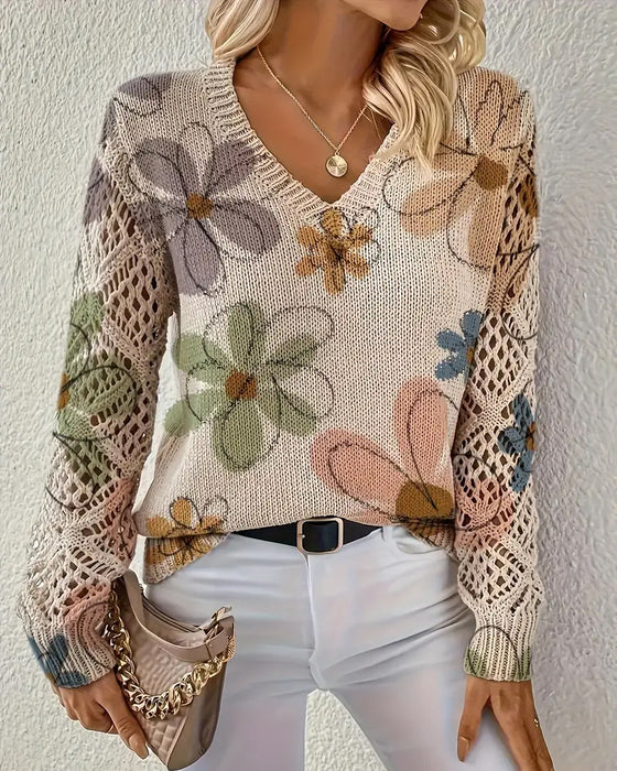 V-Ausschnitt Lochmuster-Strickpullover