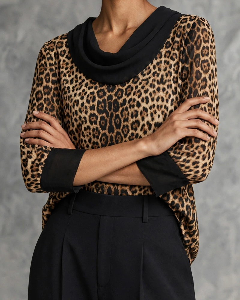 Bluse Mock Neck Leopard Ellenbogenlang Ärmel