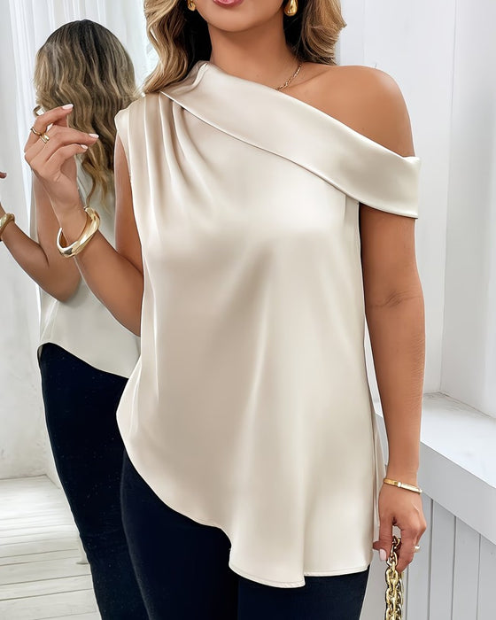 Bluse Ein Schulter Kurzarm Satin