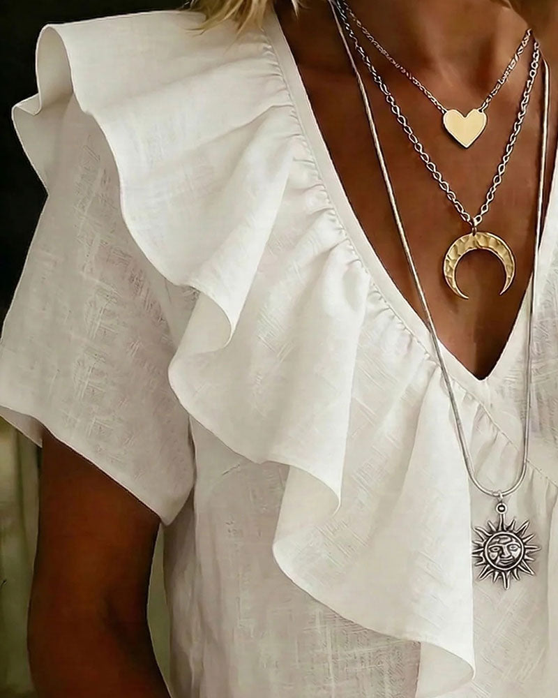 Bluse V-Ausschnitt Kurzarm Rüschen