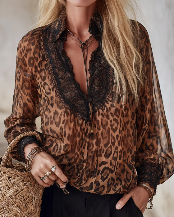 Bluse V-Ausschnitt Leopard Langarm