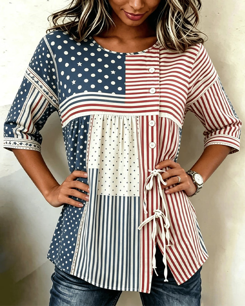 Bluse Flagge Druck Patchwork Krawatte