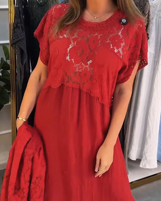 Kleid Elegant Spitzenbesatz Patchwork Maxi
