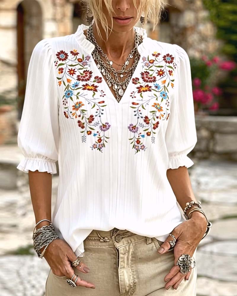 Bluse Rüsche Besatz Print Lässig