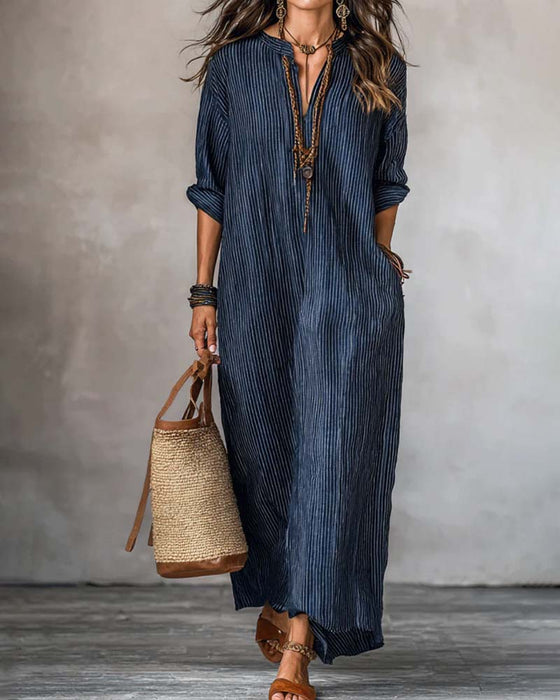 Kleid V-Ausschnitt Gestreift Mock Neck