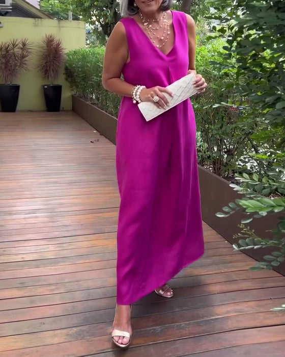 Kleid V-Ausschnitt Ärmellos Casual Lang