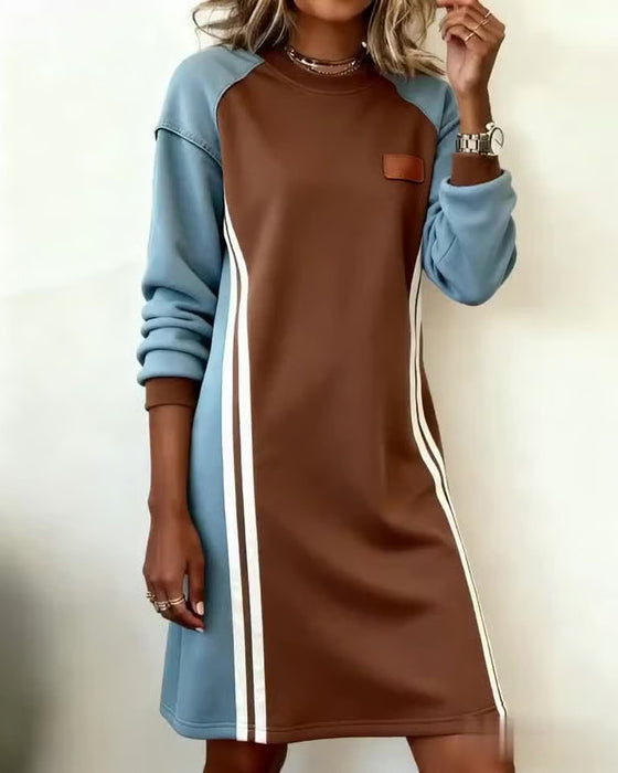 Kleid Langarm Farbblock Rundhals Gerade
