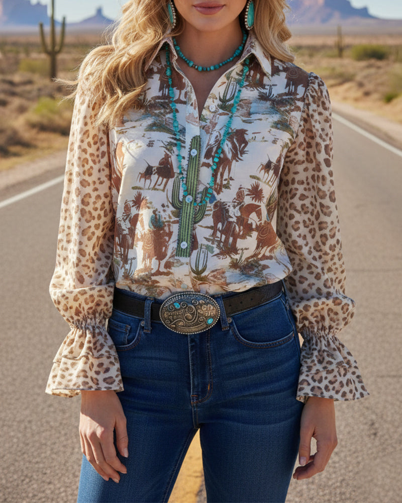 Hemd Revers Vintage Druck Puffärmel