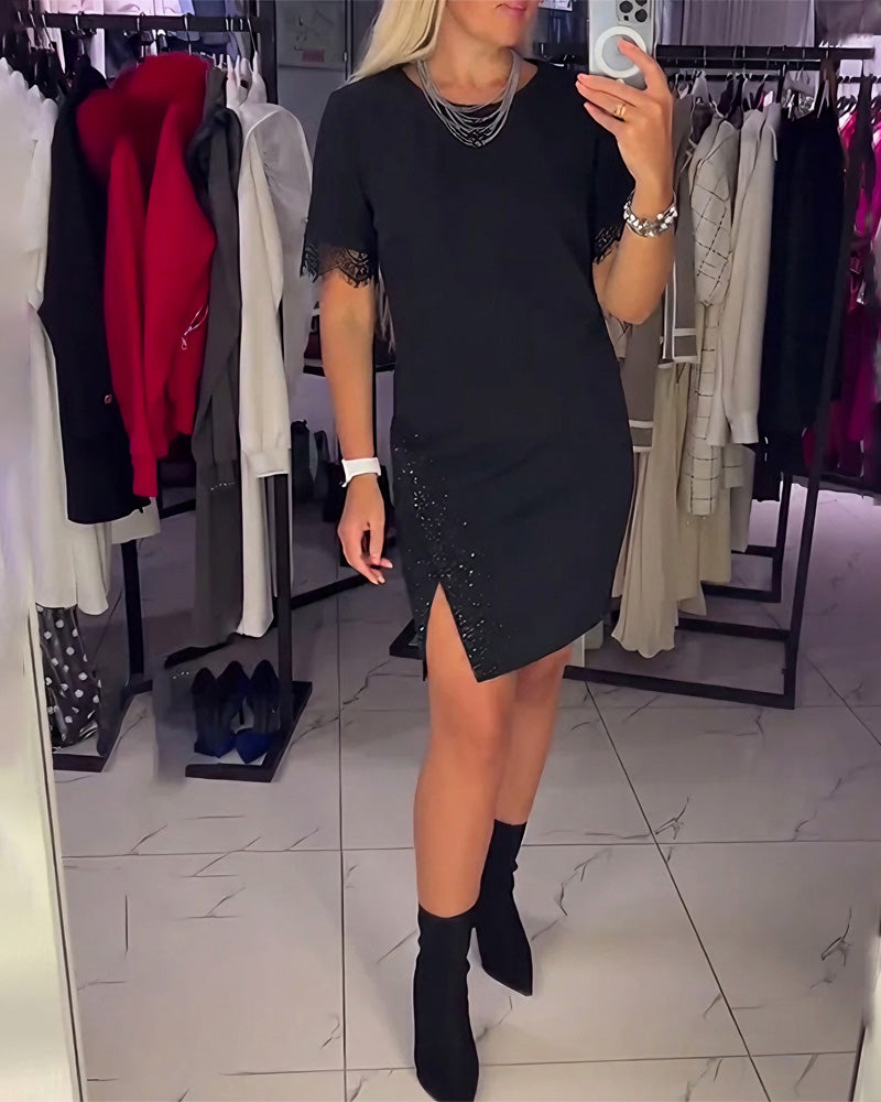 Spitzenkleid Mit Rundhalsausschnitt Und Seitenschlitzen