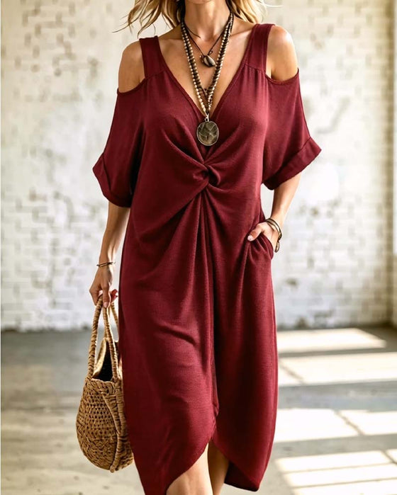 Kleid Einfarbig Kalt Schulter Gekraust