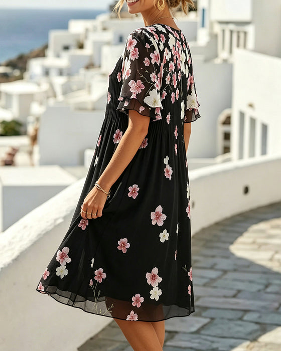Kleid Rüsche Kurzarm Blumen Plissiert