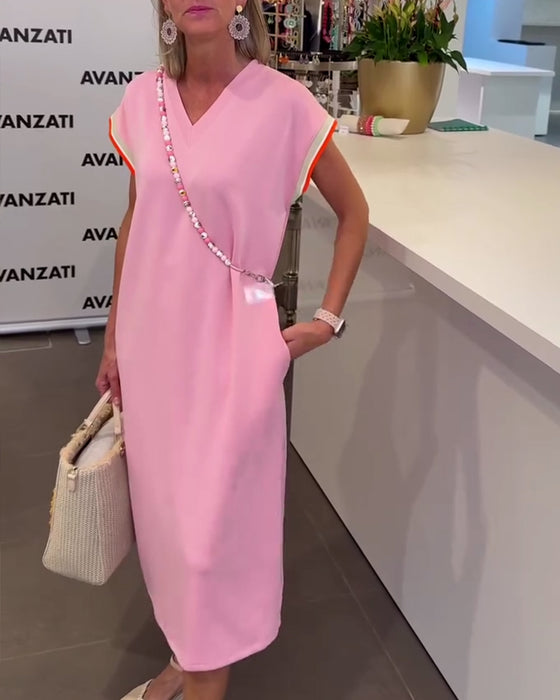 Kleid Lotusblatt-Ärmel V-Ausschnitt Lässiger Schlitz