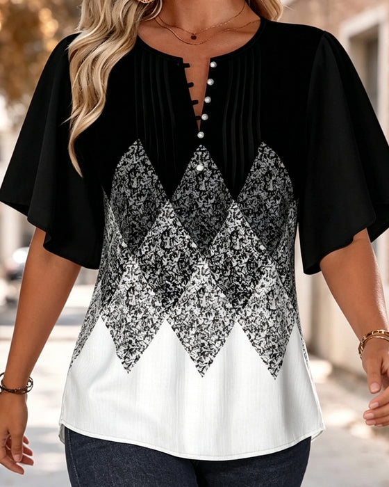 T-Shirt Mit Diamantmuster-Gradientendruck Und V-Ausschnitt