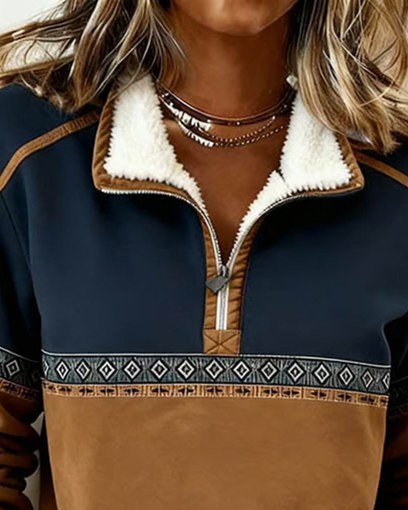 Retro-Sweatshirt mit Color-Blocking und Pelzkragen