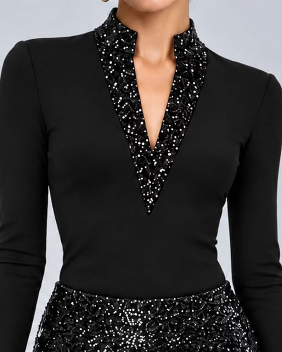 Top V-Ausschnitt Unifarben Slim Langarm
