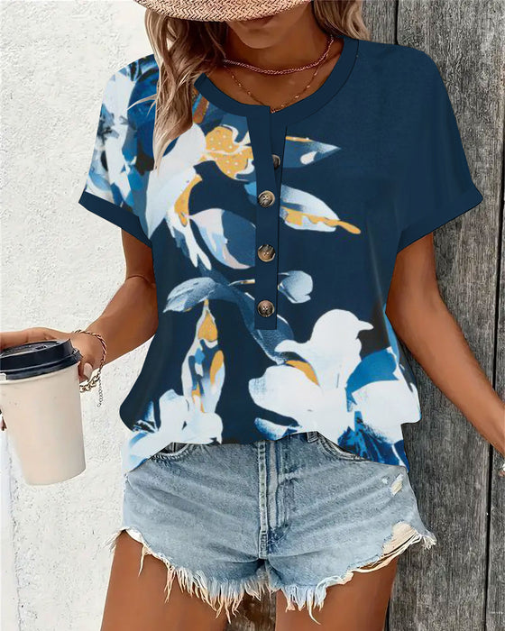 Bluse Rundhals Knopf Druck Allround