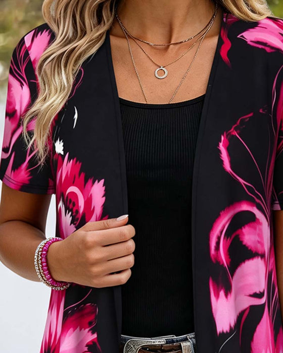 Bluse Schwarzer Basis Rosarot Blumen