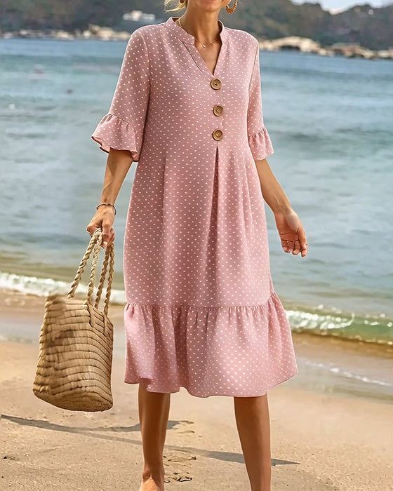 Kleid Polka Dot V-Ausschnitt Rüsche Ärmel