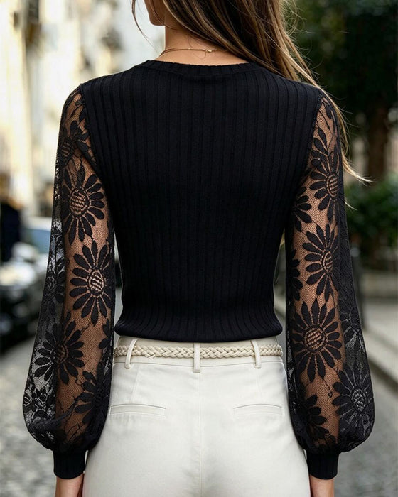 Top V-Ausschnitt Langarm Spitze Patchwork