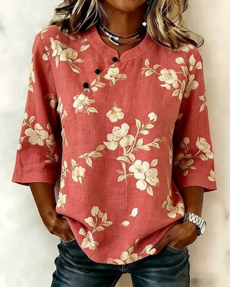 Bluse Blumenprint Seitenknopf 3/4-Arm
