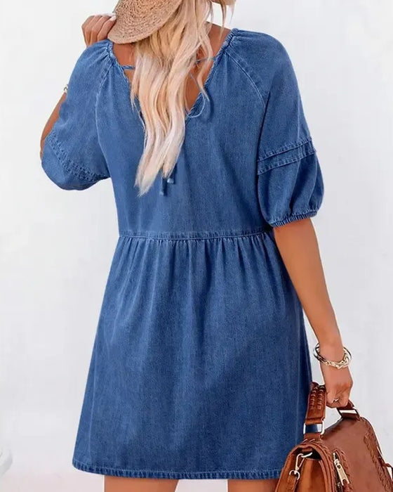 Kleider Denim V-Ausschnitt Puff Ärmel