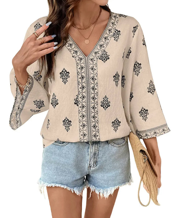 Bluse V-Ausschnitt Ethnisch Locker