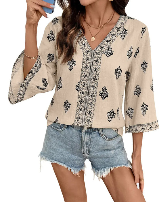 Bluse V-Ausschnitt Ethnisch Locker
