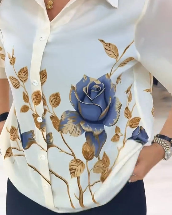 Bluse Revers Puffärmel Knopfleiste